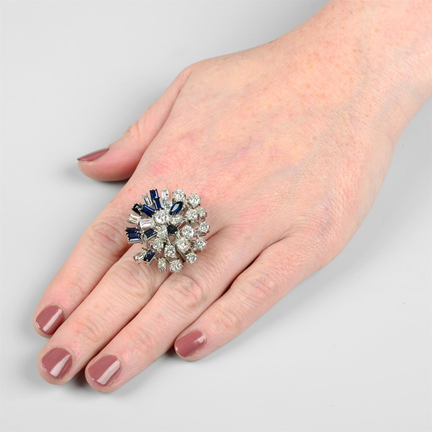 A mid 20th century 18ct gold vari-cut diamond and sapphire cocktail ring. - Image 5 of 5
