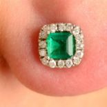 A pair of 18ct gold emerald and brilliant-cut diamond cluster stud earrings.