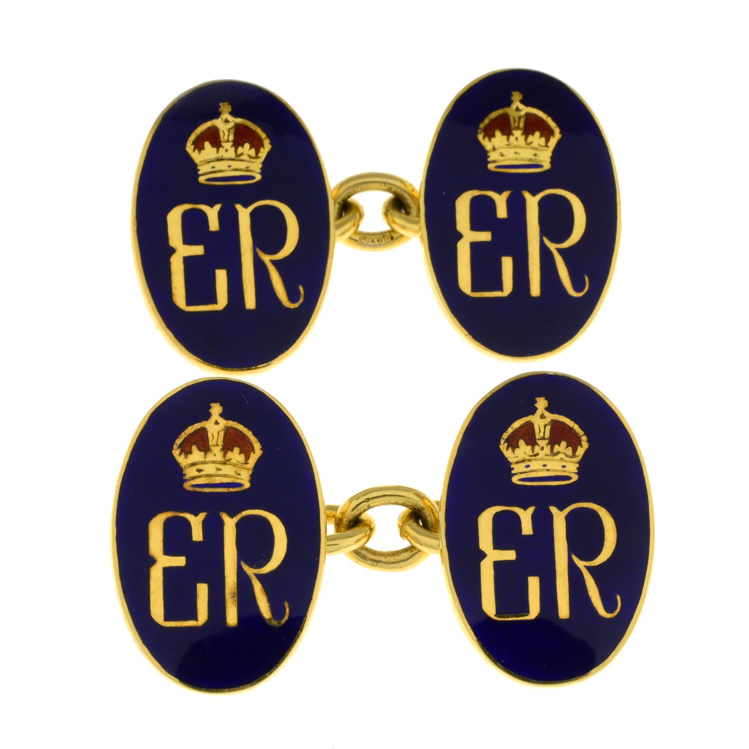 A pair of 9ct gold blue and red enamel Royal cypher presentation cufflinks, with Plante - Image 2 of 5