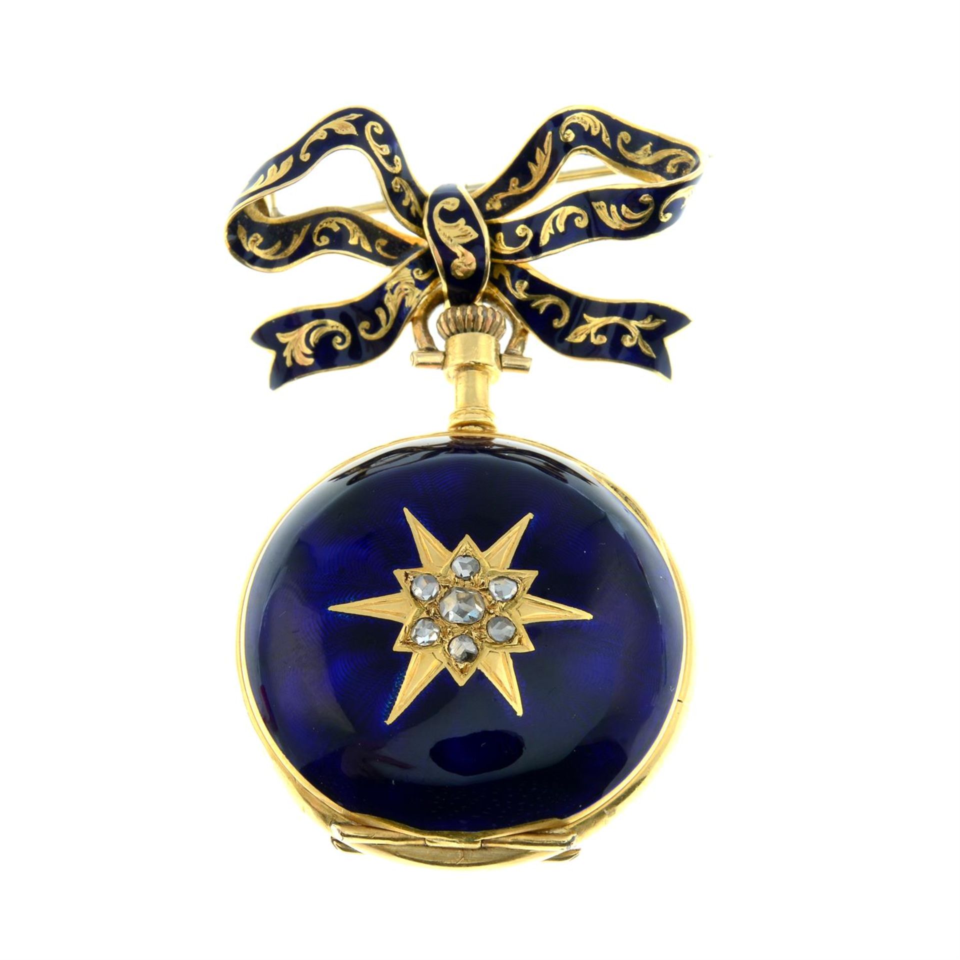 A late 19th century 18ct gold rose-cut diamond star and blue enamel fob watch, suspended from a - Image 2 of 4