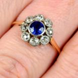 An early 20th century platinum and 18ct gold sapphire and old-cut diamond cluster ring.