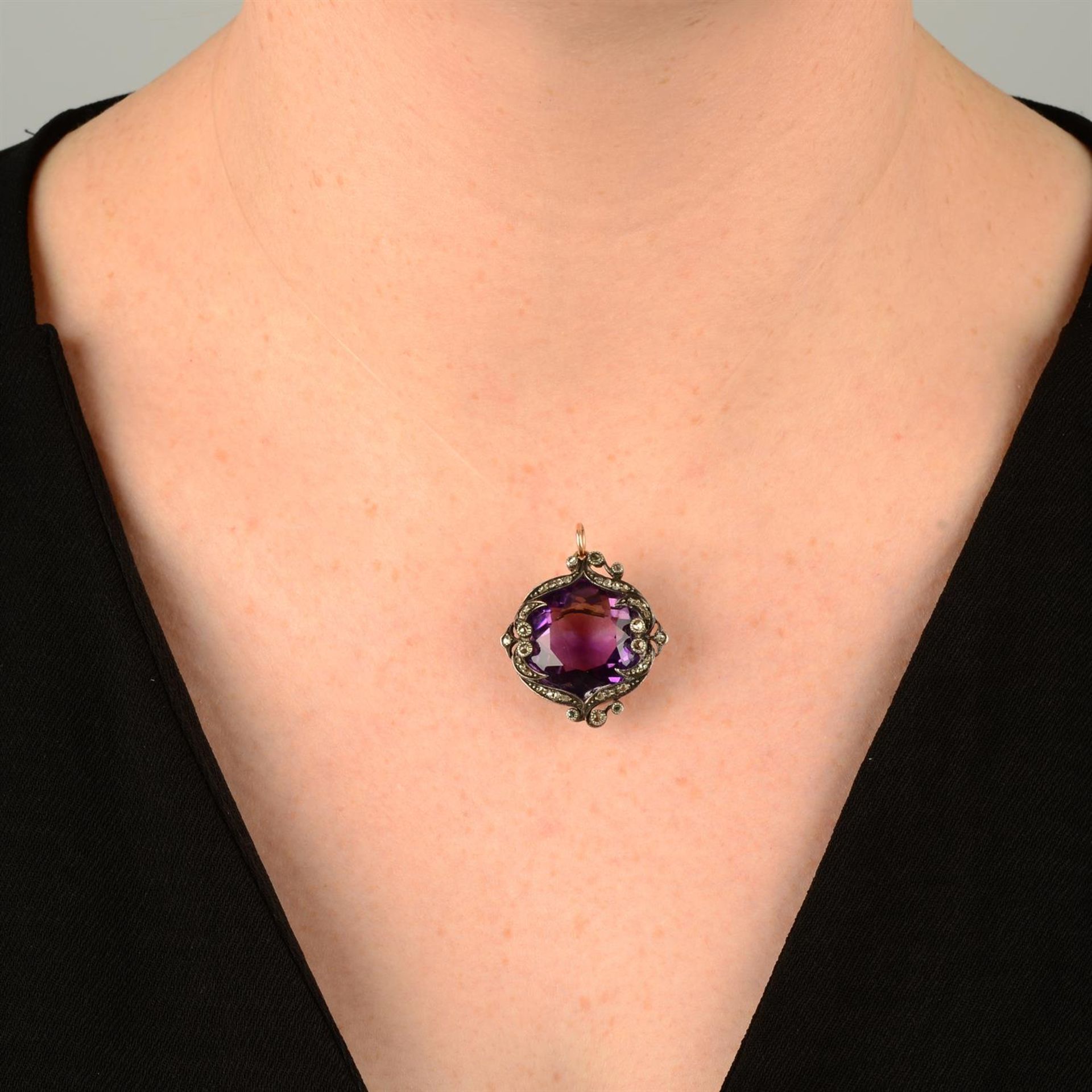 A late 19th century silver and gold amethyst pendant, with rose-cut diamond foliate surround. - Image 4 of 4