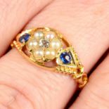 An Edwardian 18ct gold old-cut diamond, split pearl and sapphire floral cluster ring.