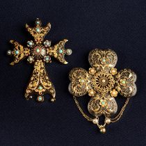Two early 19th century gold cannetille, split pearl, turquoise and tortoiseshell brooches/pendants,