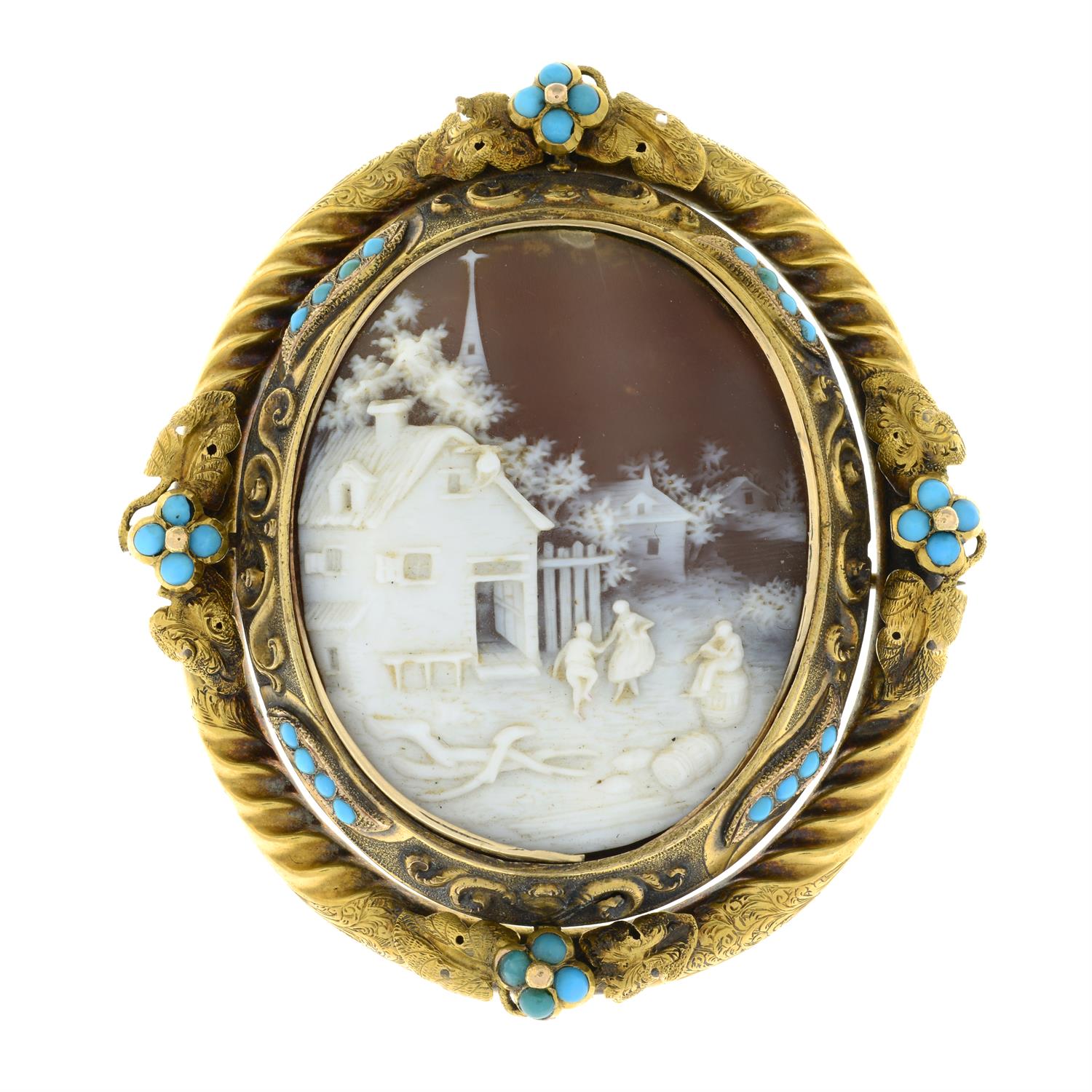 A mid to late 19th century gold and turquoise mounted shell cameo and glazed panel swivel brooch, - Image 2 of 4