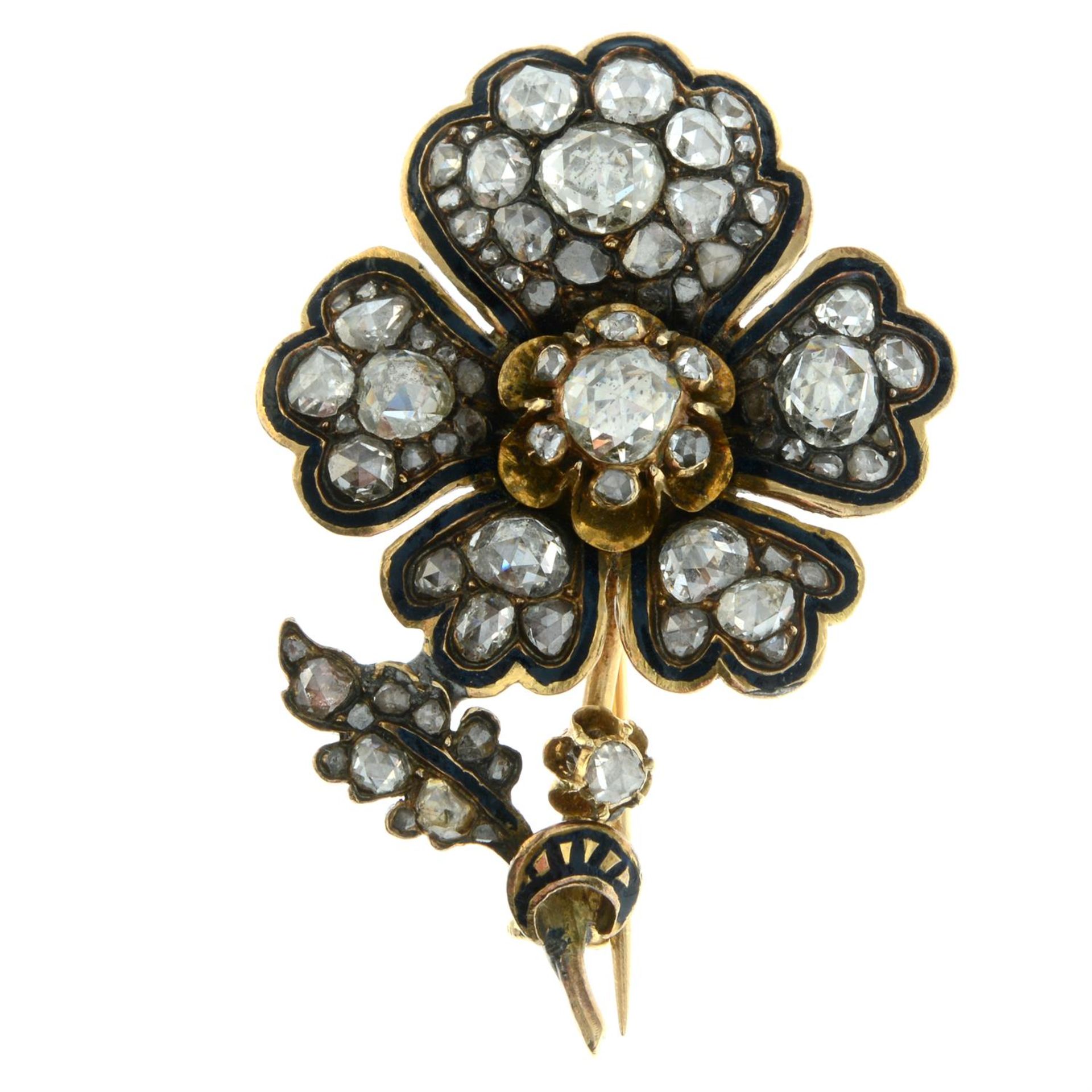 A 19th century 18ct gold rose-cut diamond and enamel floral brooch. - Bild 2 aus 4