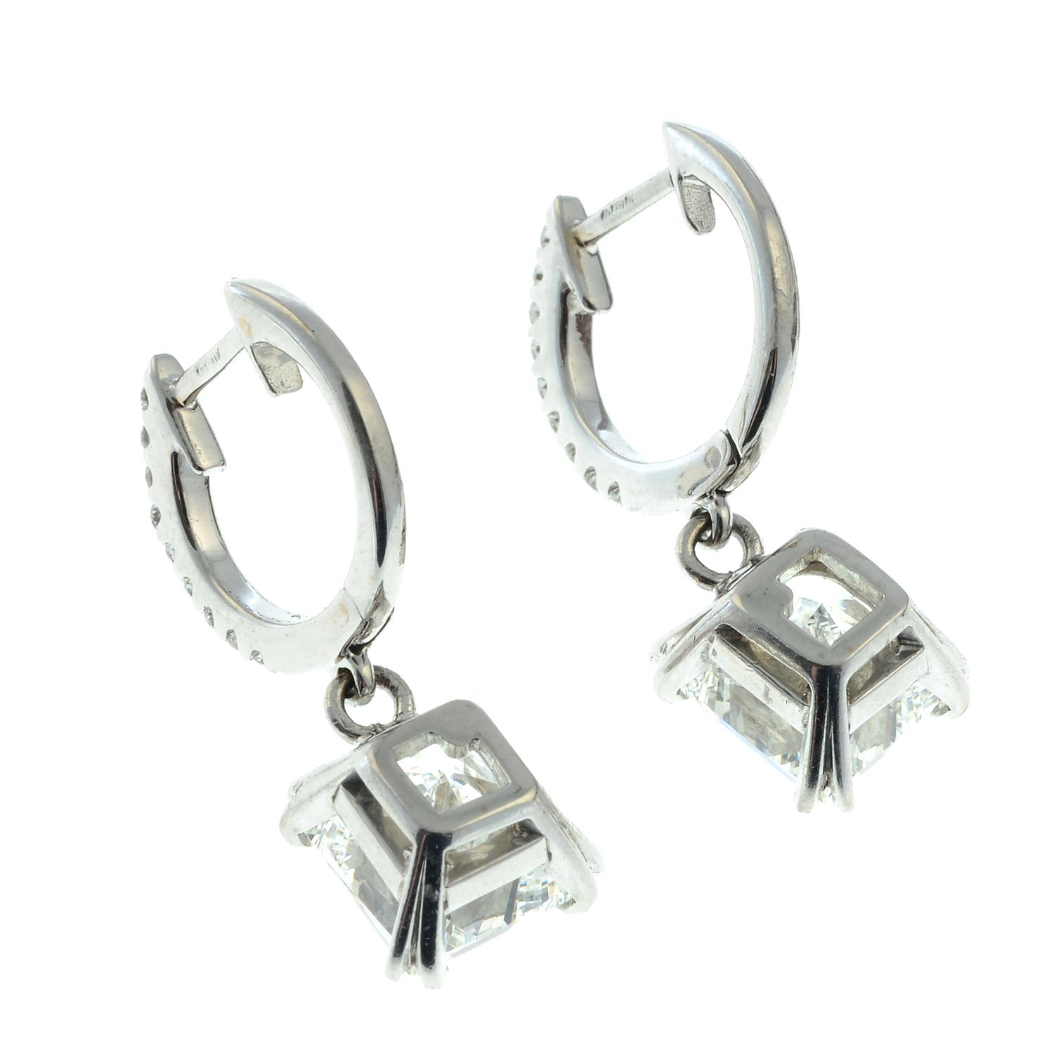 A pair of 18ct gold square-shape diamond drop, brilliant-cut diamond hinged hoop earrings. - Image 3 of 3