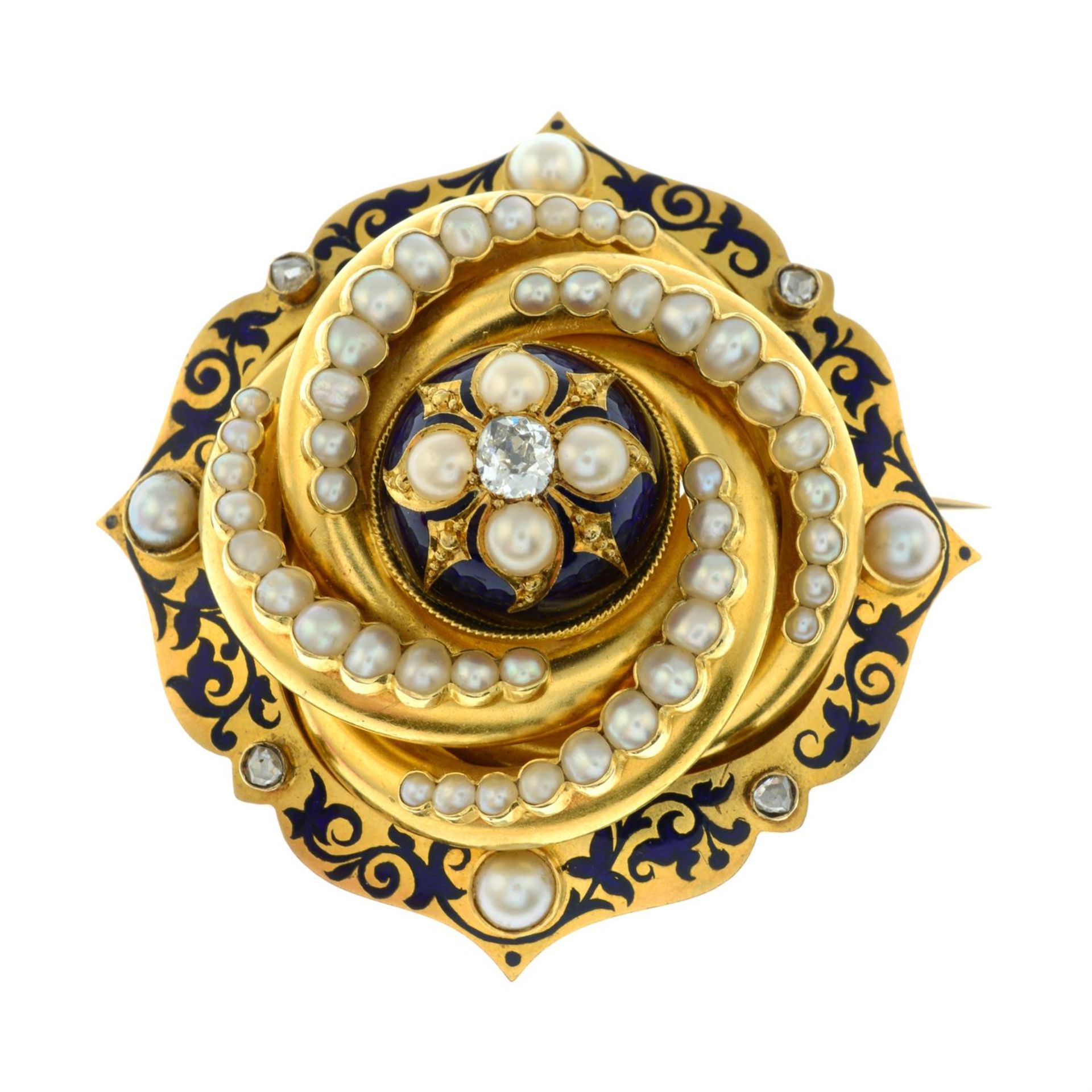 A late Victorian 18ct gold blue enamel, split pearl and old-cut diamond brooch. - Image 2 of 4