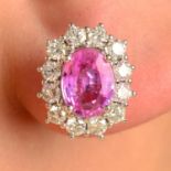 A pair of 18ct gold pink sapphire and diamond cluster earrings.