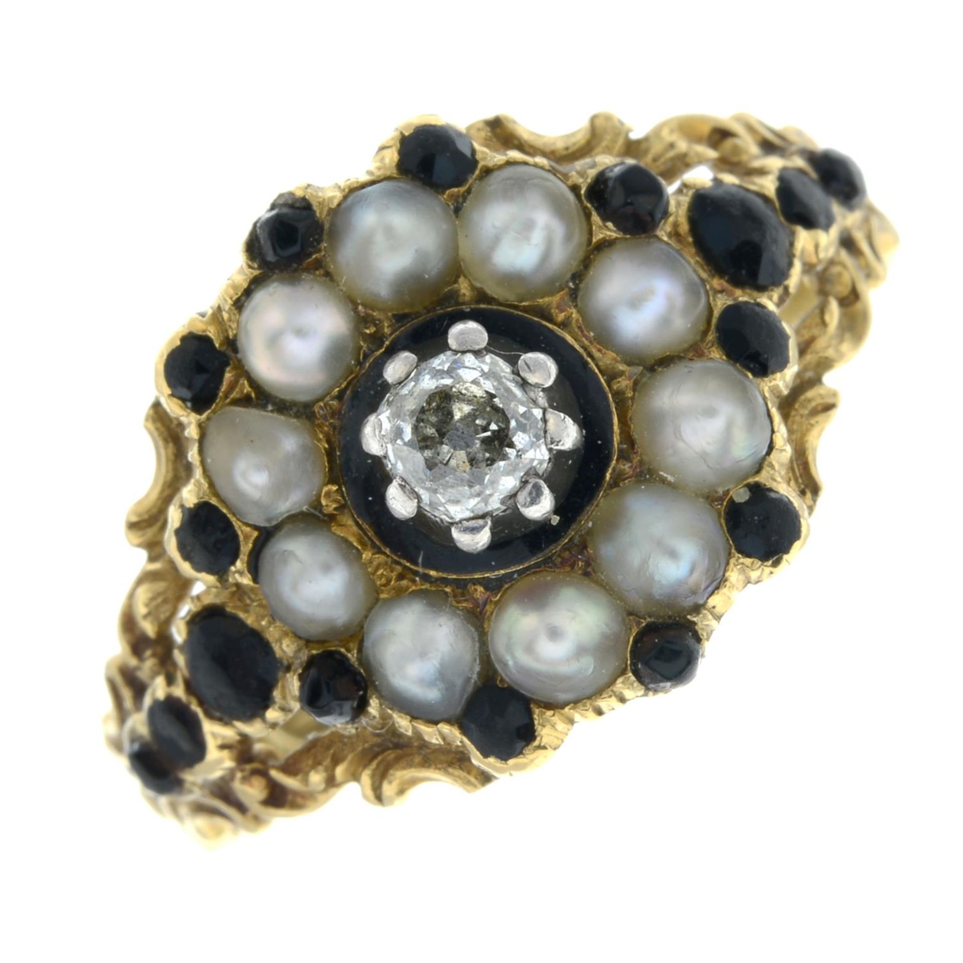 A Georgian 18ct gold black garnet, split pearl and old-cut diamond mourning ring, - Image 2 of 5