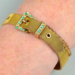 An early 20th century 9ct gold mesh buckle bracelet, with turquoise and split pearl highlights.
