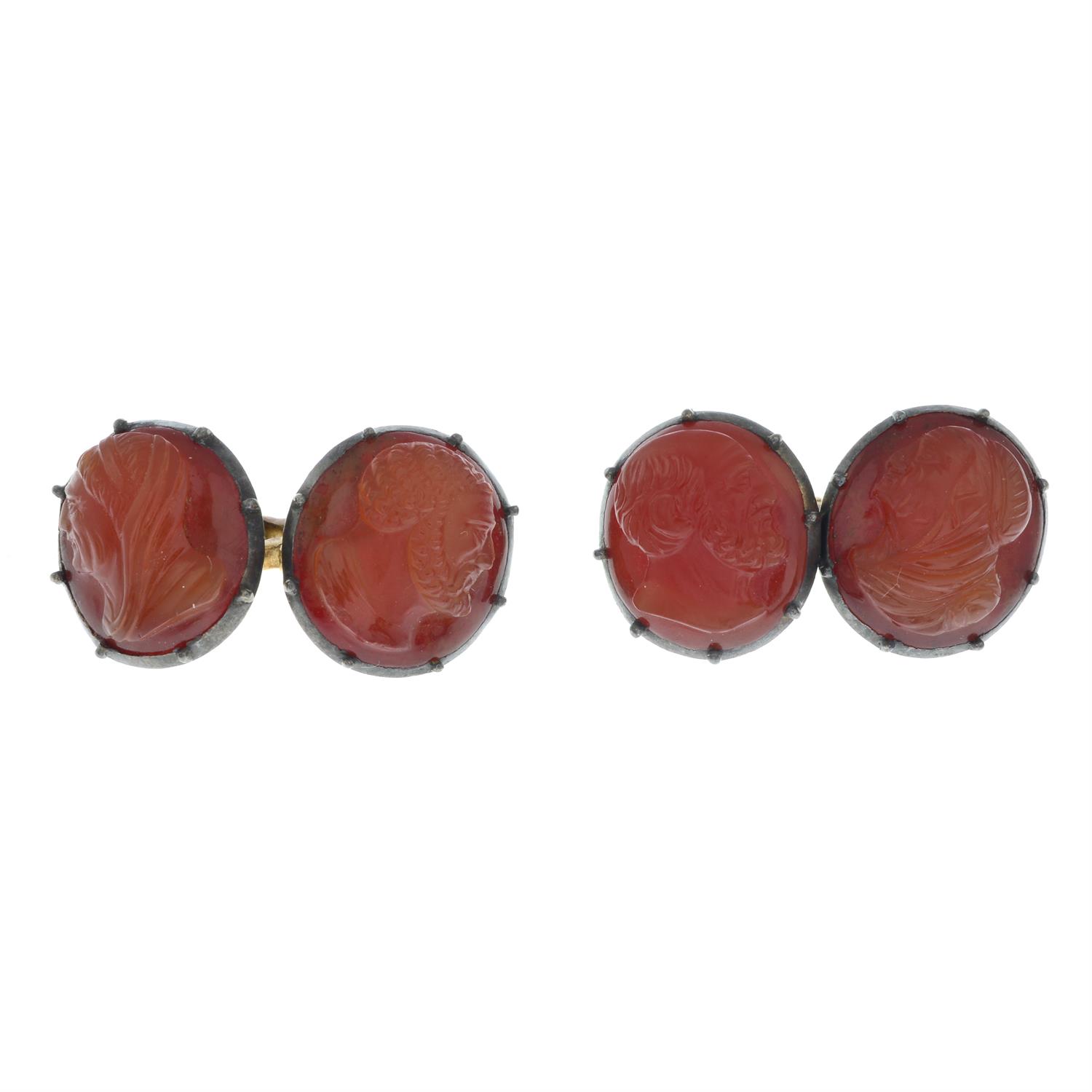 A pair of 19th century gold carnelian cameo cufflinks, each carved to depict a gentleman in profile. - Image 2 of 3