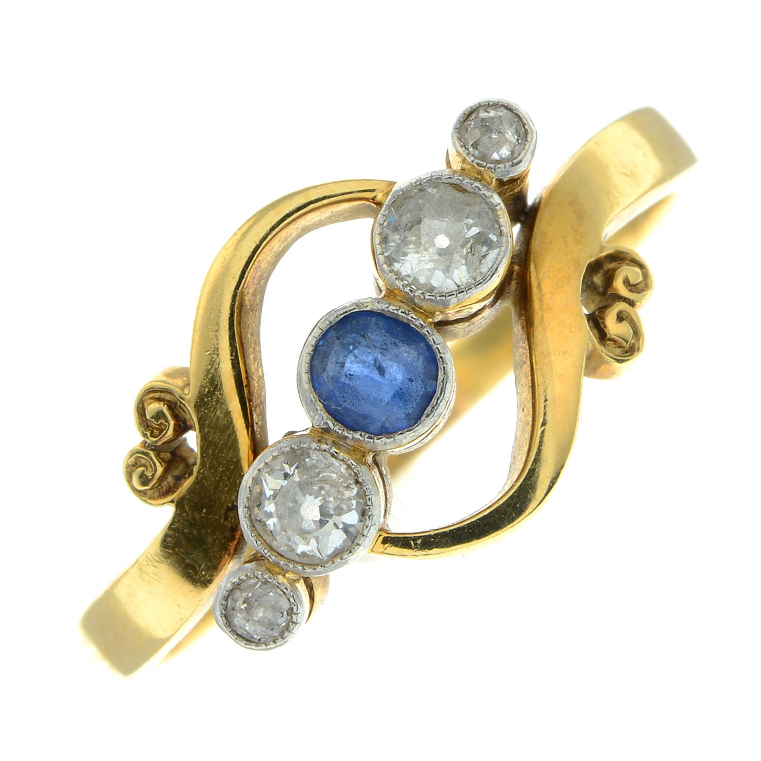 An early 20th century 18ct gold and platinum sapphire and old-cut diamond five-stone crossover ring. - Image 2 of 5