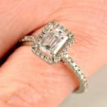 A rectangular-shape diamond and brilliant-cut diamond cluster ring, with brilliant-cut diamond