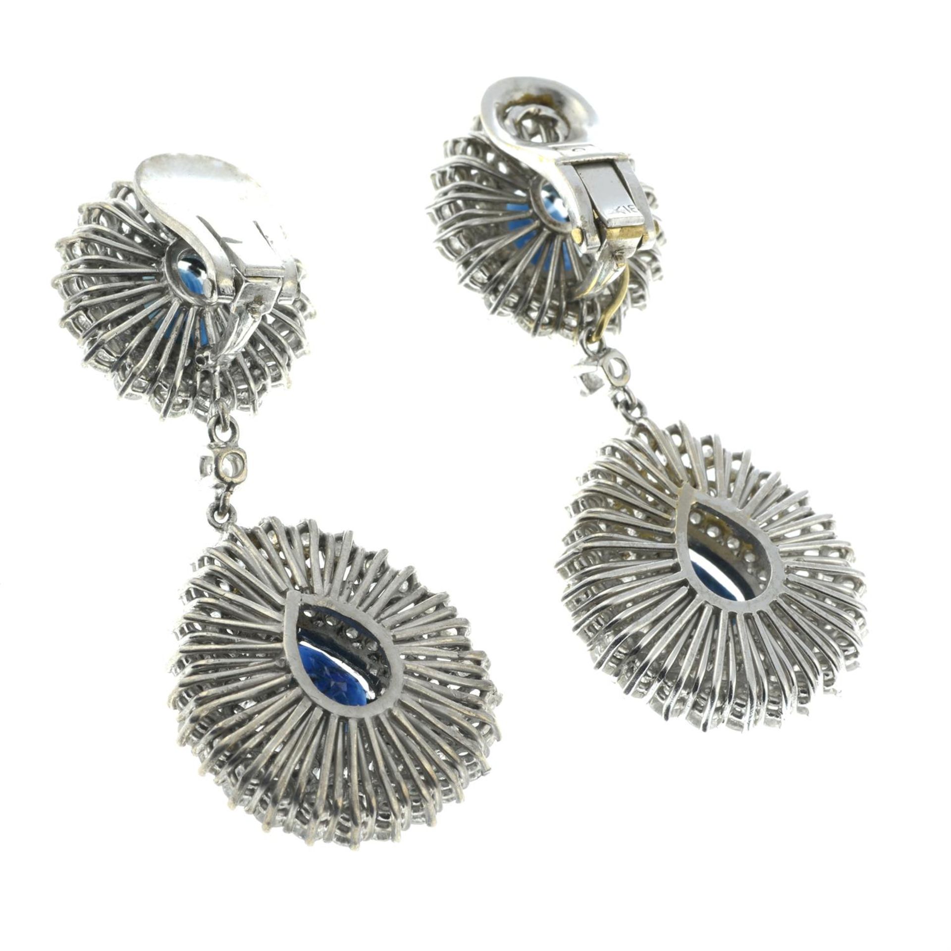 A pair of vari-cut sapphire and brilliant-cut diamond cluster drop earrings. - Image 3 of 3