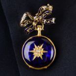 A late 19th century 18ct gold rose-cut diamond star and blue enamel fob watch, suspended from a