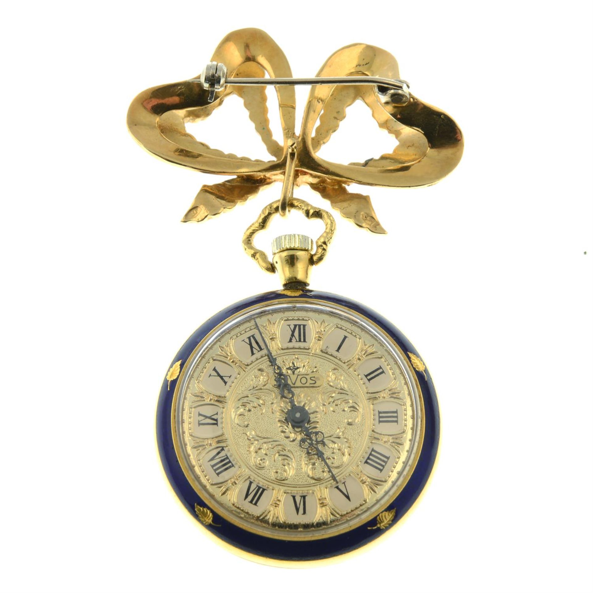 A red and blue enamel fob watch, with flower basket motif to reverse and removable bow surmount. - Image 3 of 4
