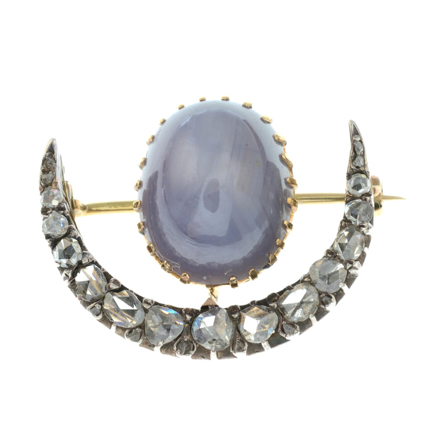 A late 19th century silver and gold rose-cut diamond crescent brooch, with star sapphire cabochon - Image 2 of 4
