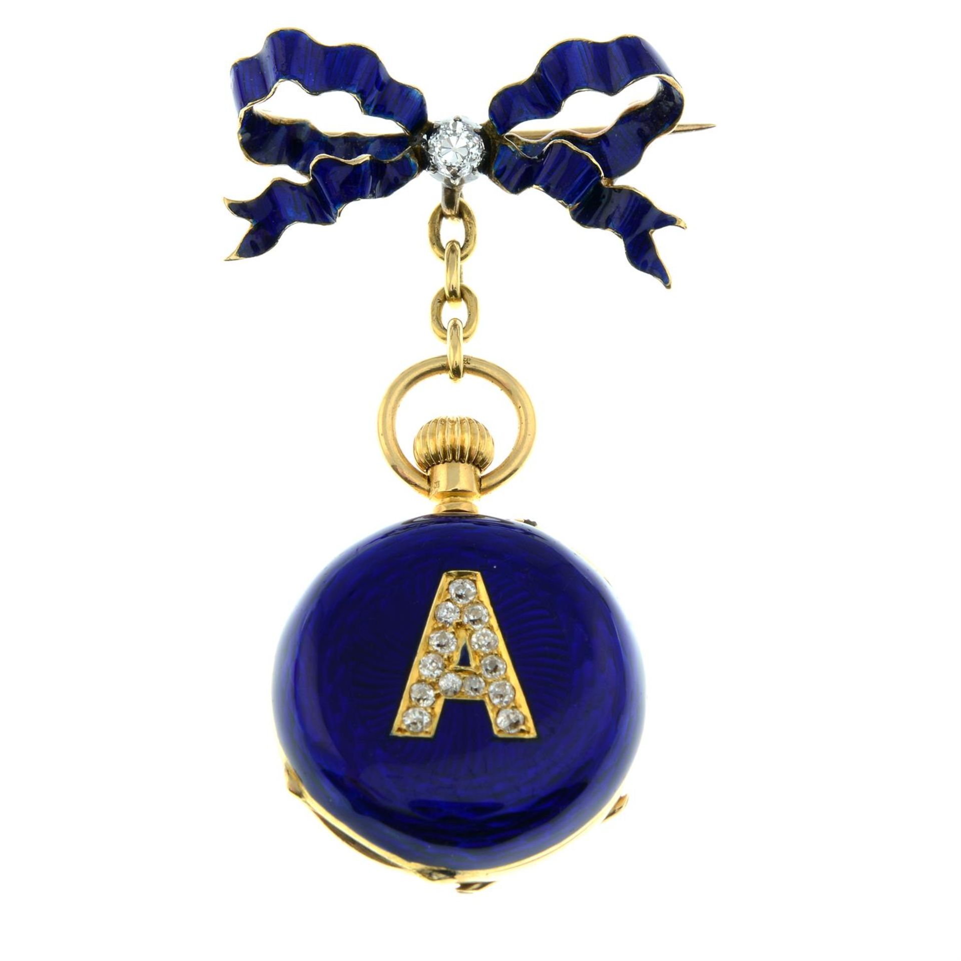 A late Victorian 18ct gold blue enamel and diamond initial fob watch, suspended from a blue enamel - Image 2 of 4