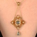 An early 20th century 15ct gold aquamarine and split pearl pendant, on chain.