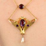 An Art Nouveau 9ct gold amethyst and split pearl pendant, with dogtooth pearl drop and integral
