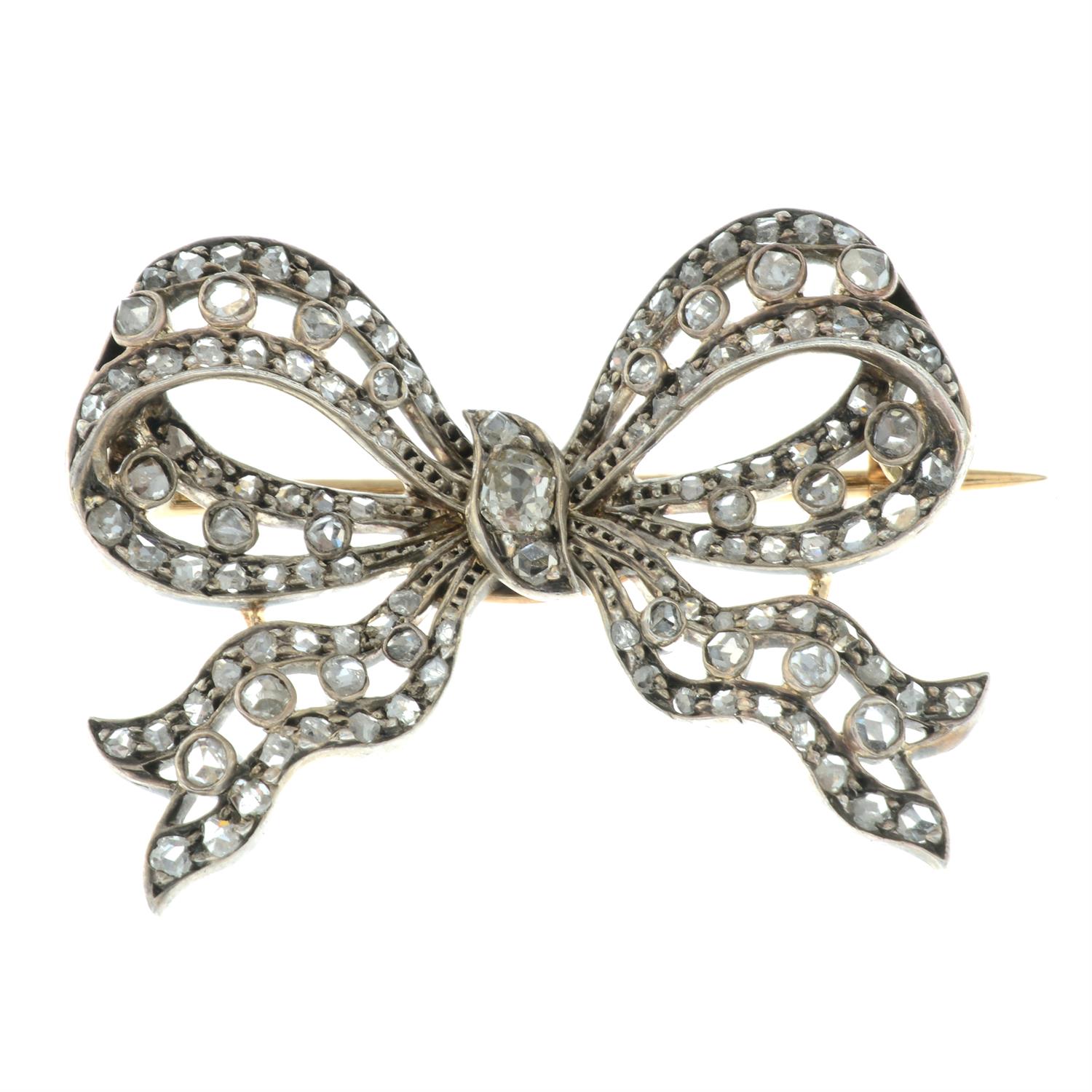 An early 20th century silver and gold old and rose-cut diamond bow brooch. - Image 2 of 4
