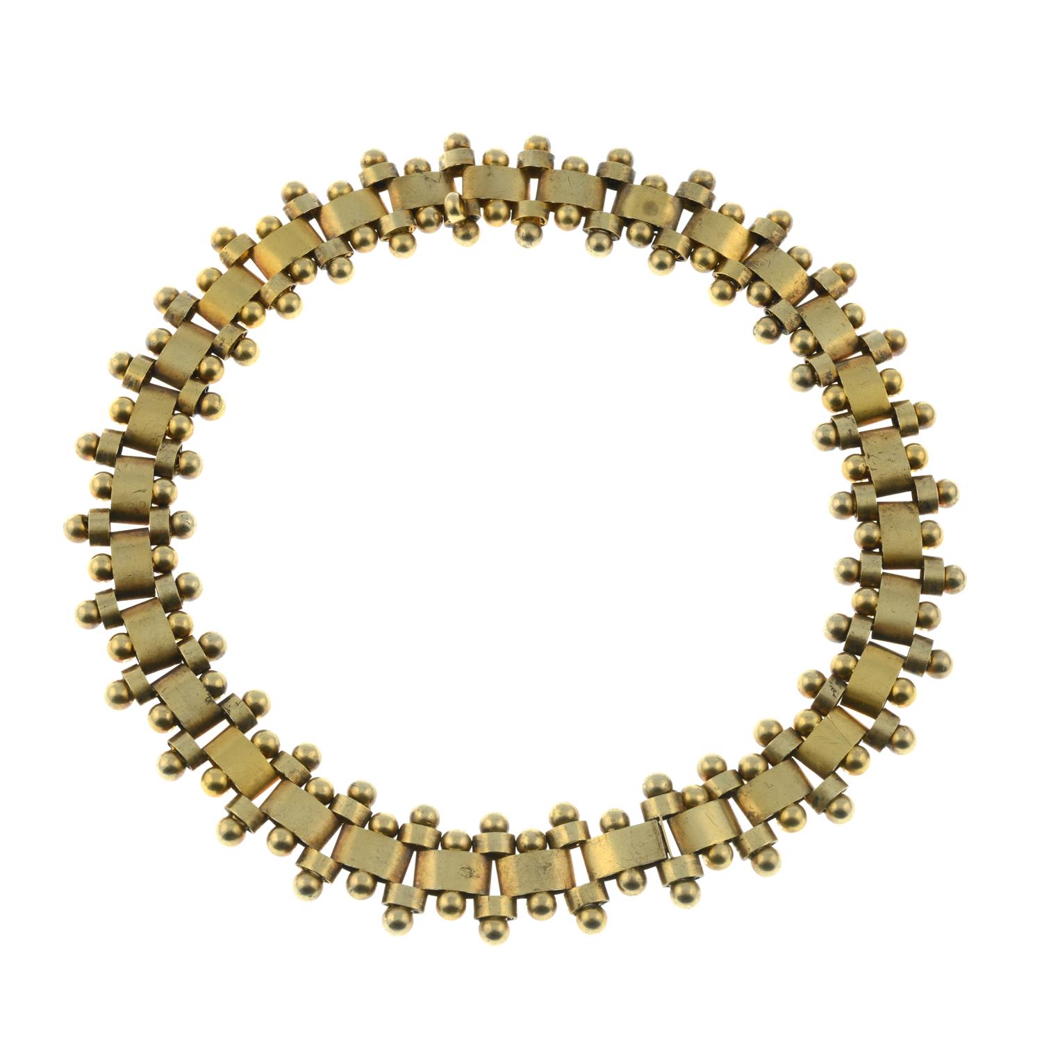 A late Victorian gold floral engraved and bead motif collar necklace. - Image 3 of 3