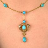 An early 20th century Arts & Crafts gold turquoise and old-cut diamond necklace.