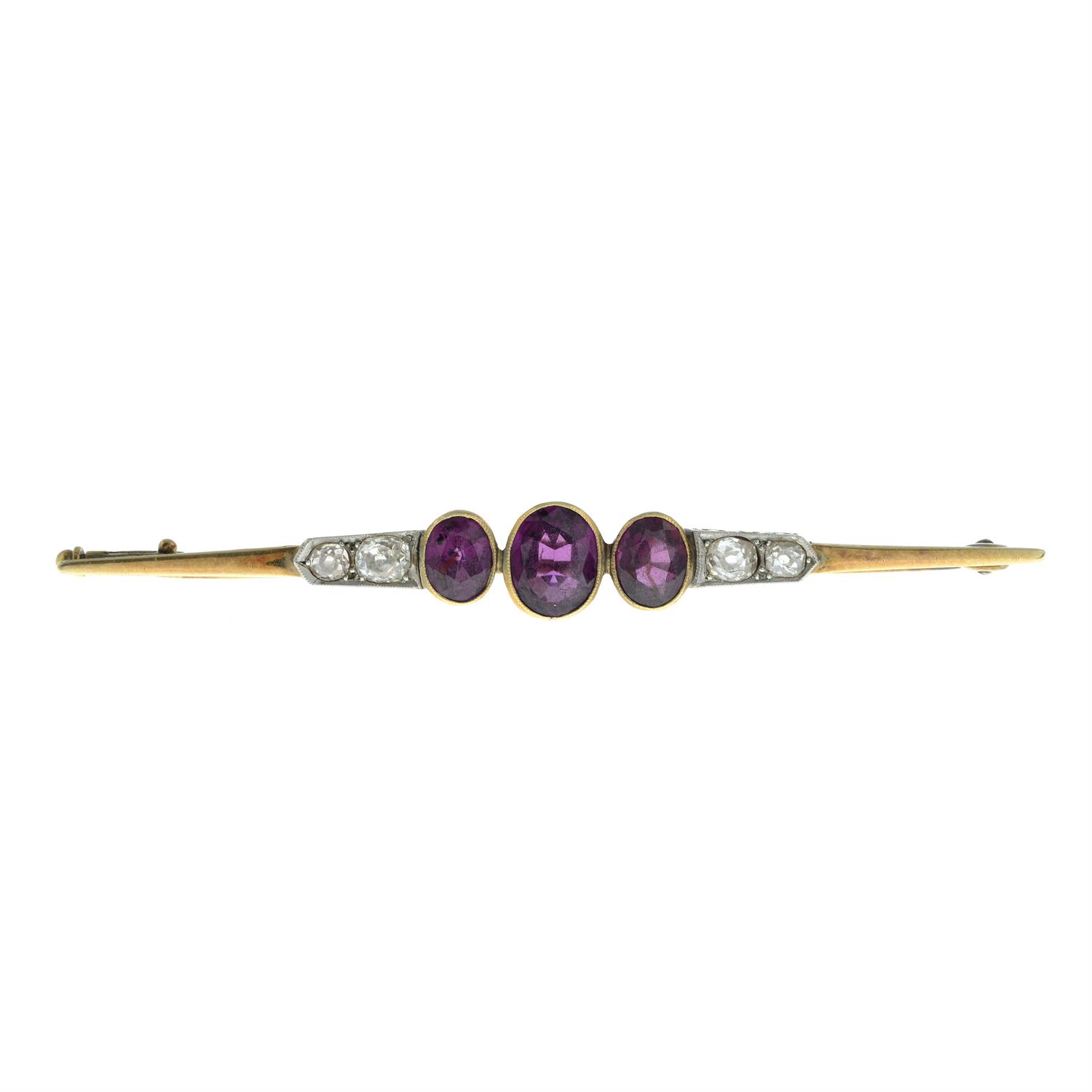 An early to mid 20th century 14ct gold garnet and old-cut diamond bar brooch. - Image 2 of 4