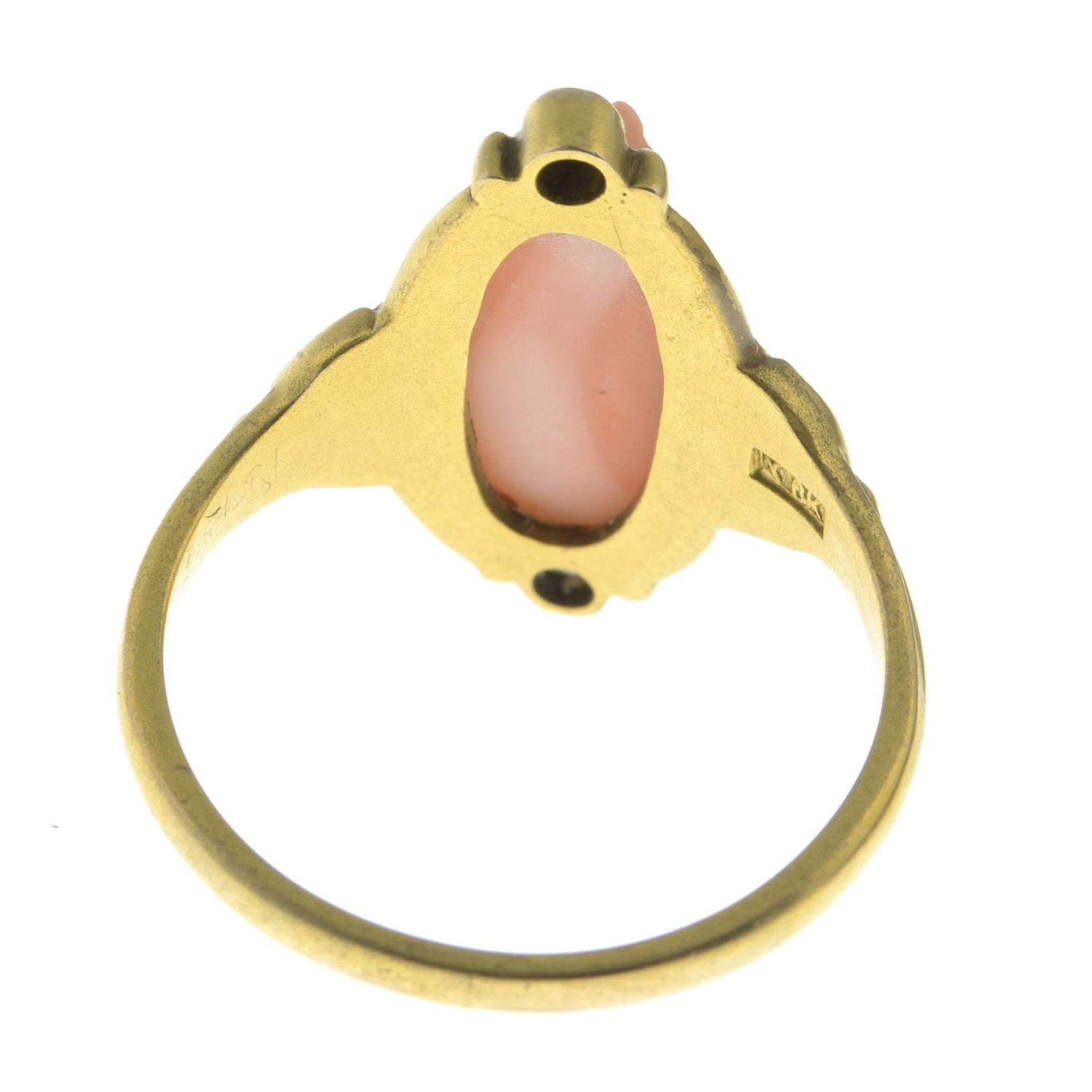 An early 20th century gold, coral cameo and circular-cut diamond ring, with foliate shoulders. - Image 4 of 5