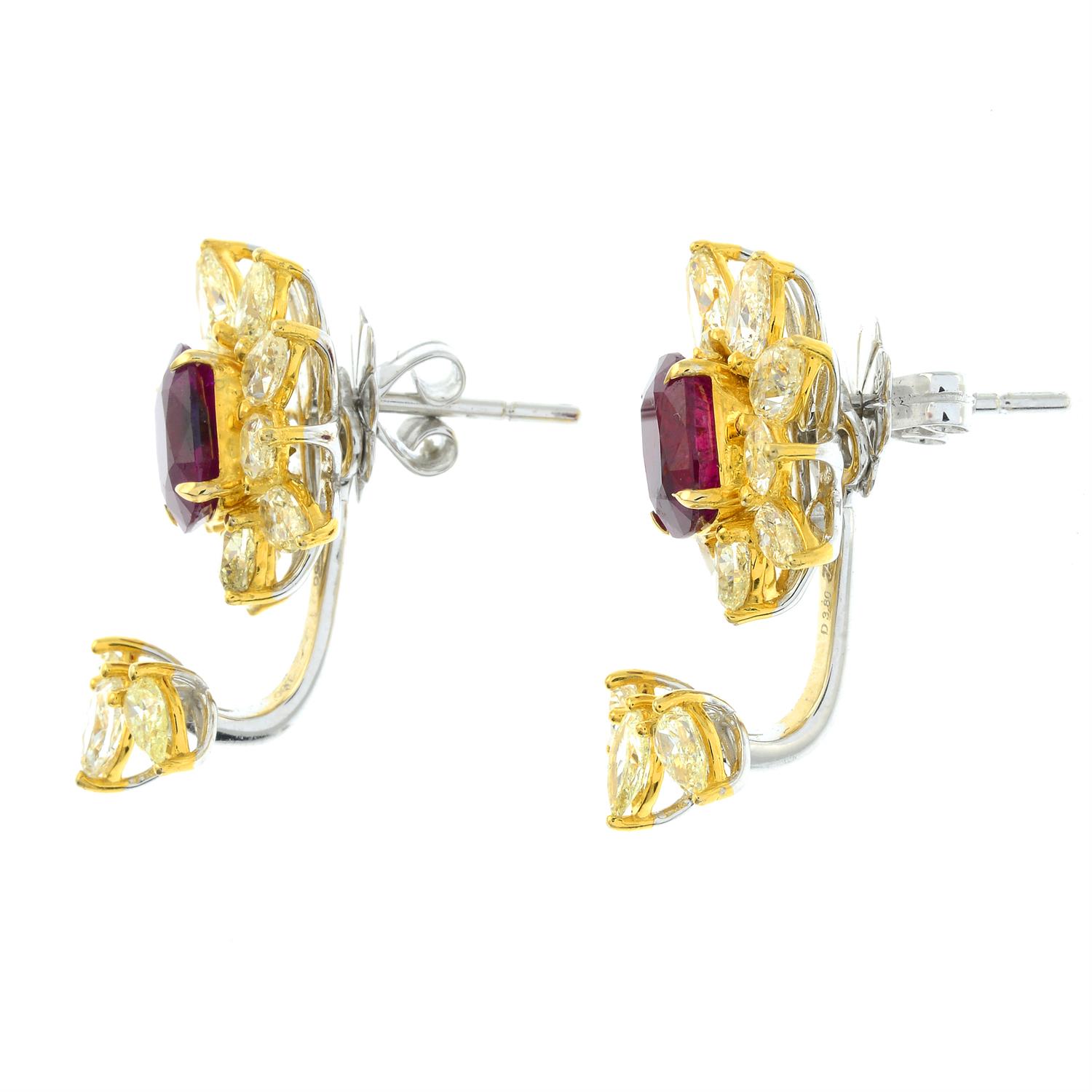 A pair of 'pigeon's blood' Burma ruby and pear-shape diamond cluster earrings, with marquise and - Image 4 of 6