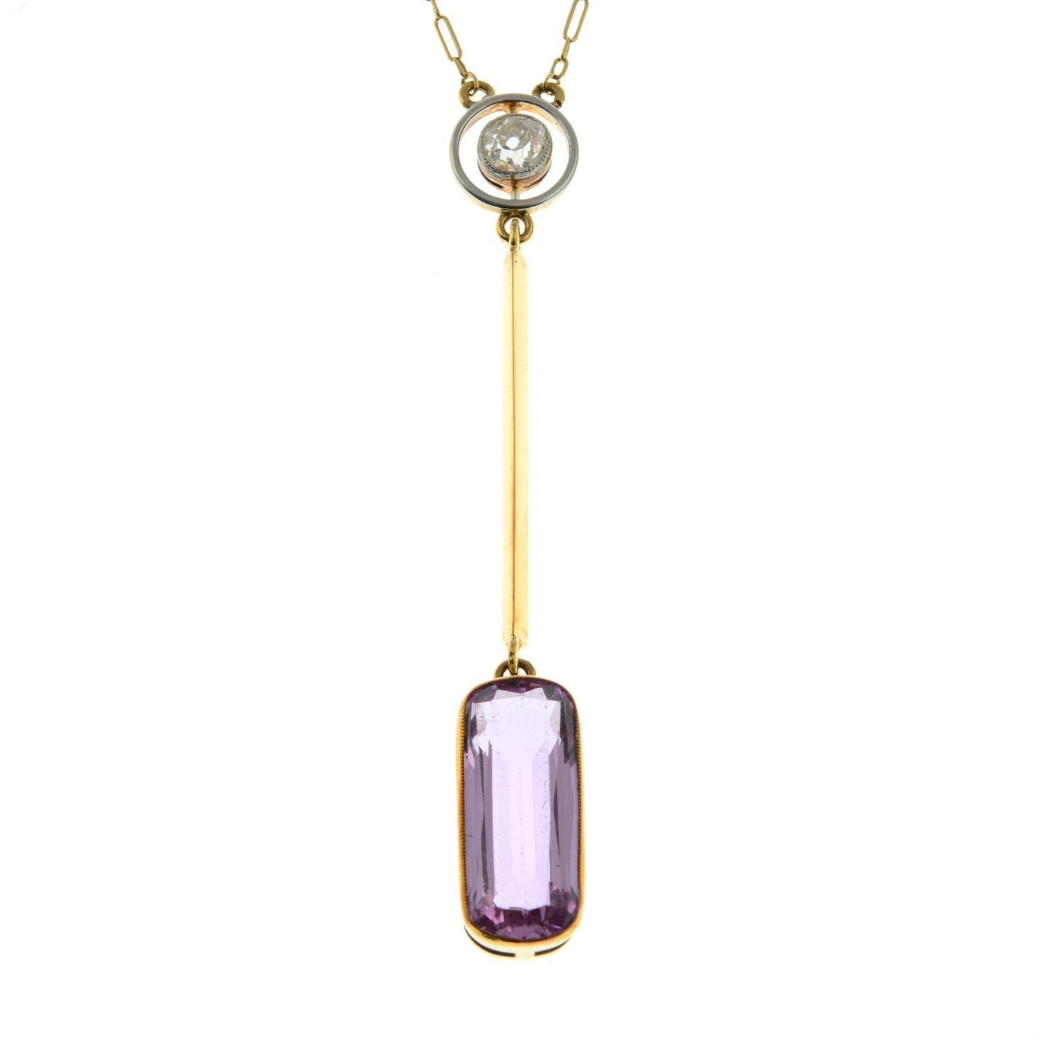 An early 20th century 15ct gold pink topaz and old-cut diamond pendant, on chain. - Image 2 of 5