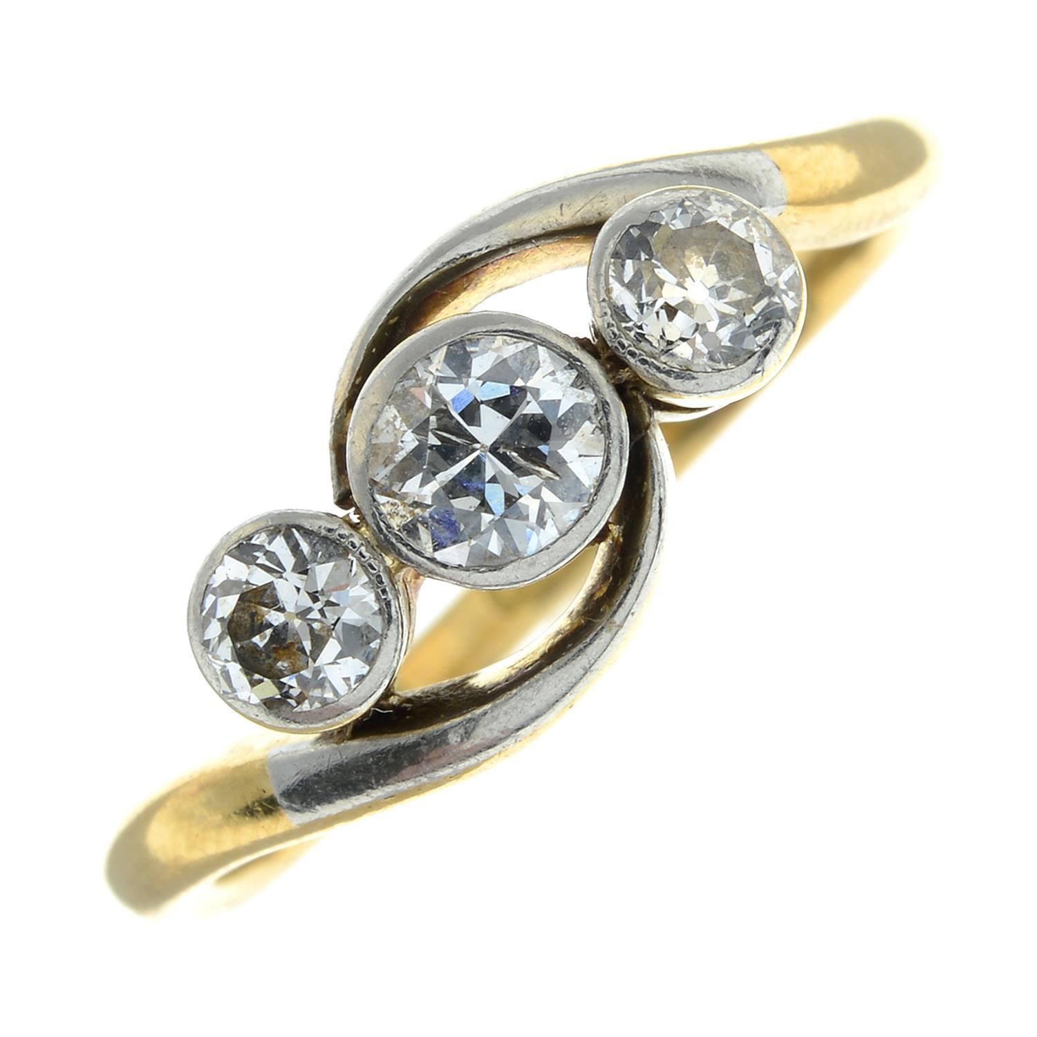 An early to mid 20th century 18ct gold graduated old-cut diamond collet three-stone ring. - Image 2 of 5
