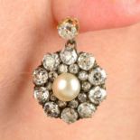 A pair of late 19th century gold old-cut diamond and pearl cluster earrings.