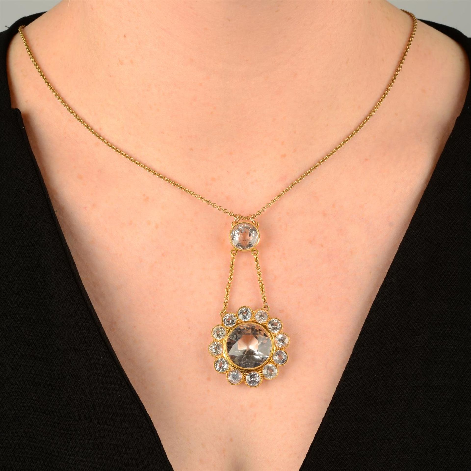 A composite 19th century gold colourless and light blue topaz cluster pendant, on chain. - Image 5 of 5