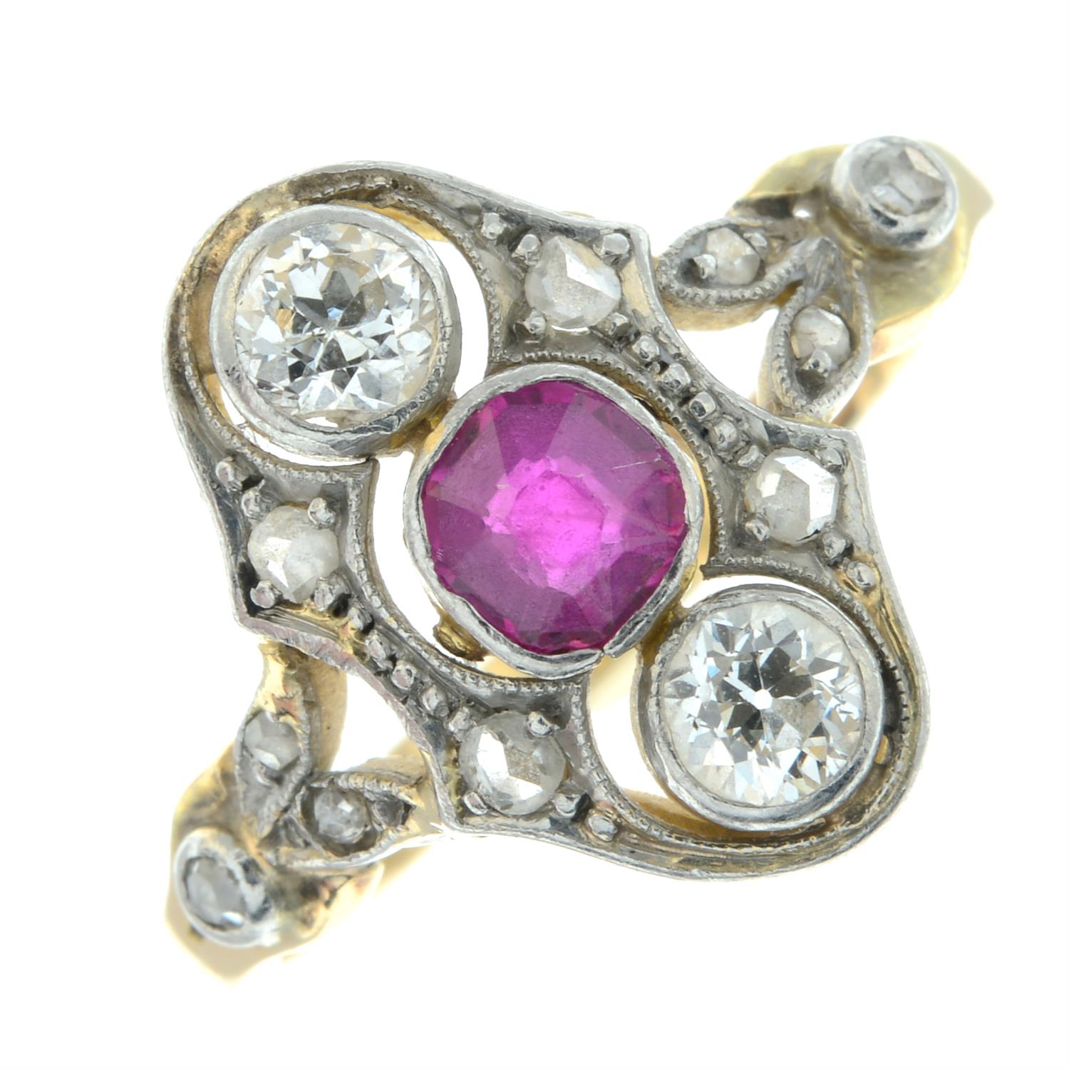 An early 20th century platinum and gold Burmese ruby, old-cut diamond and diamond point ring. - Image 2 of 6