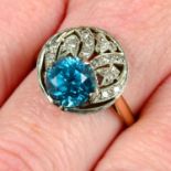 An Art Deco 14ct gold blue zircon and single-cut diamond geometric ring.