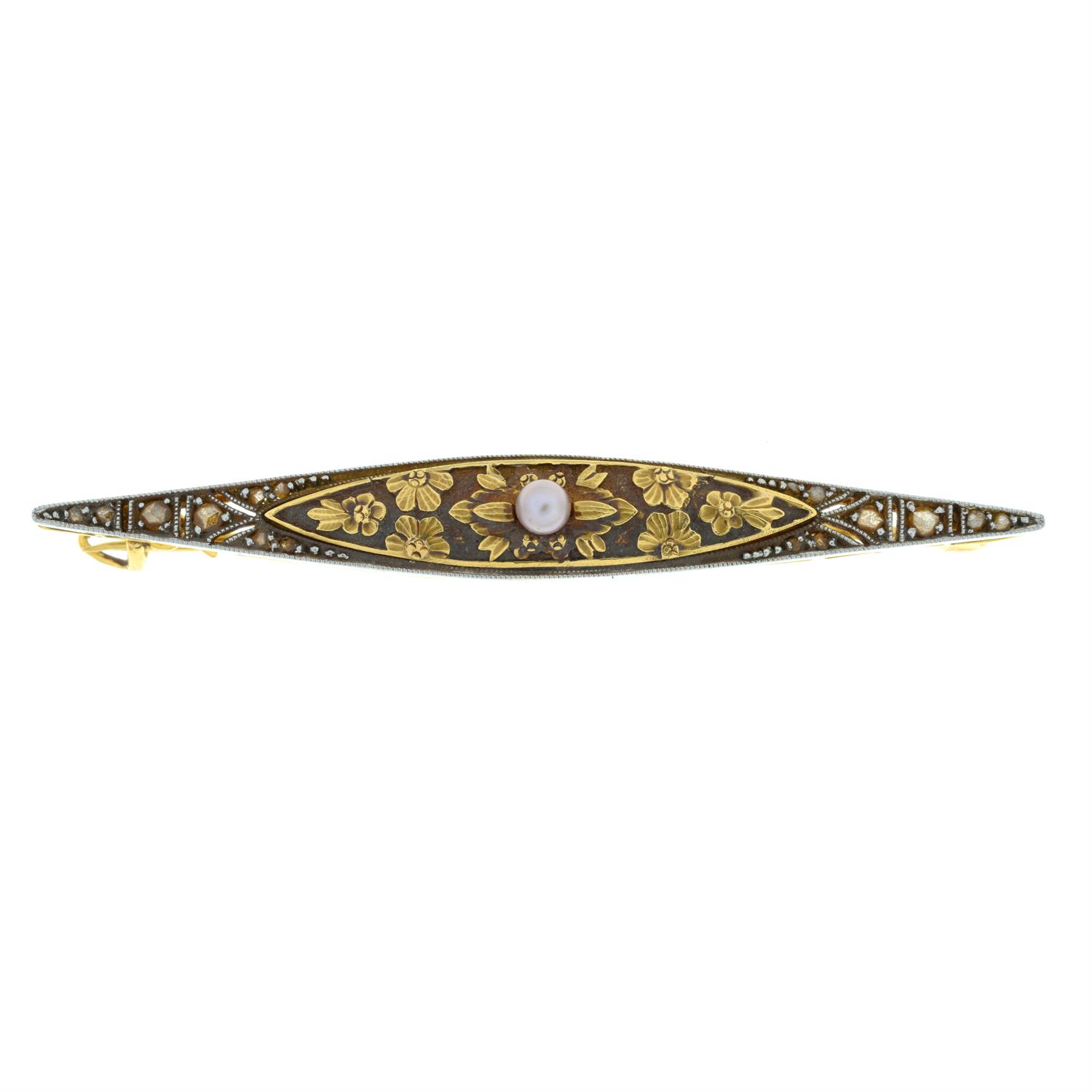 An early 20th century gold and platinum rose-cut diamond and seed pearl floral bar brooch. - Image 2 of 4