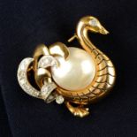 A 1940s gold and platinum single-cut diamond and mabe pearl duck brooch.