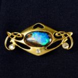 An early 20th century 15ct gold boulder opal and old-cut diamond brooch, in the manner of Archibald