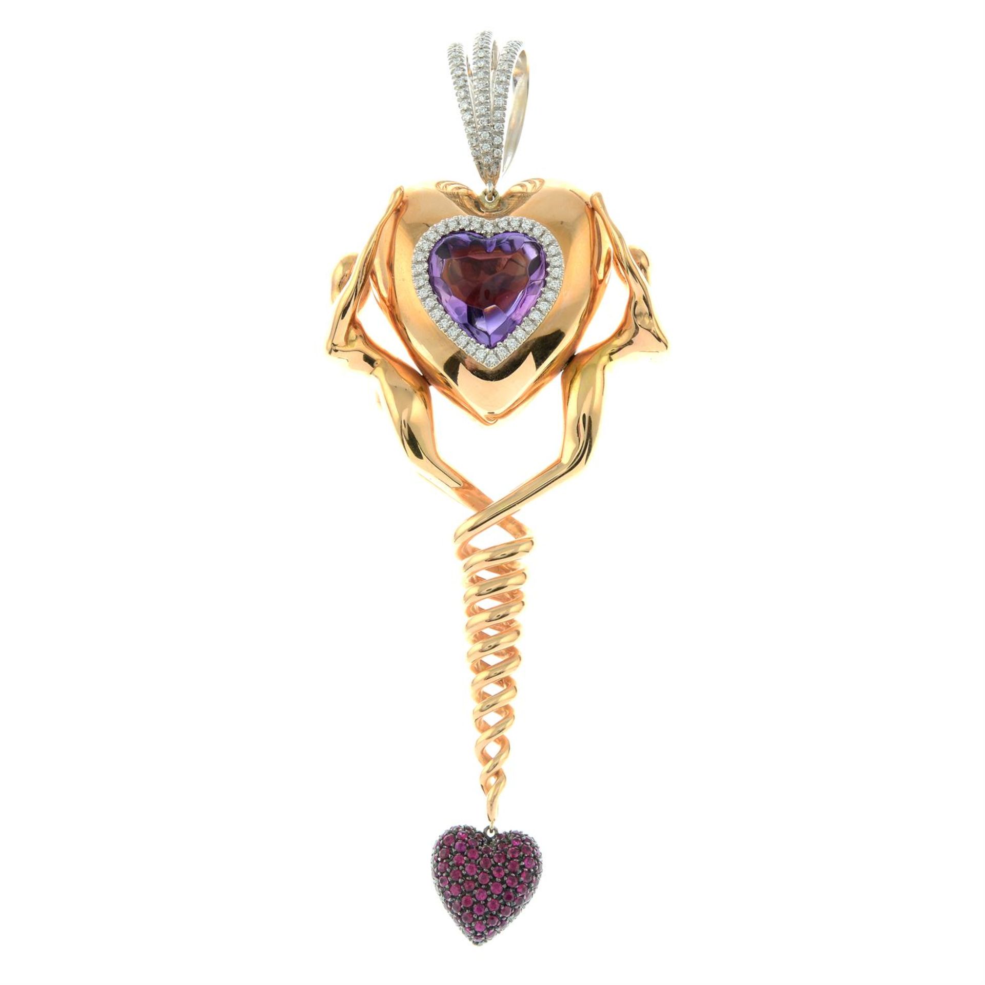 An amethyst cabochon heart and diamond 'Philosophy of Love' pendant, with pavé-set ruby heart drop, - Image 2 of 4