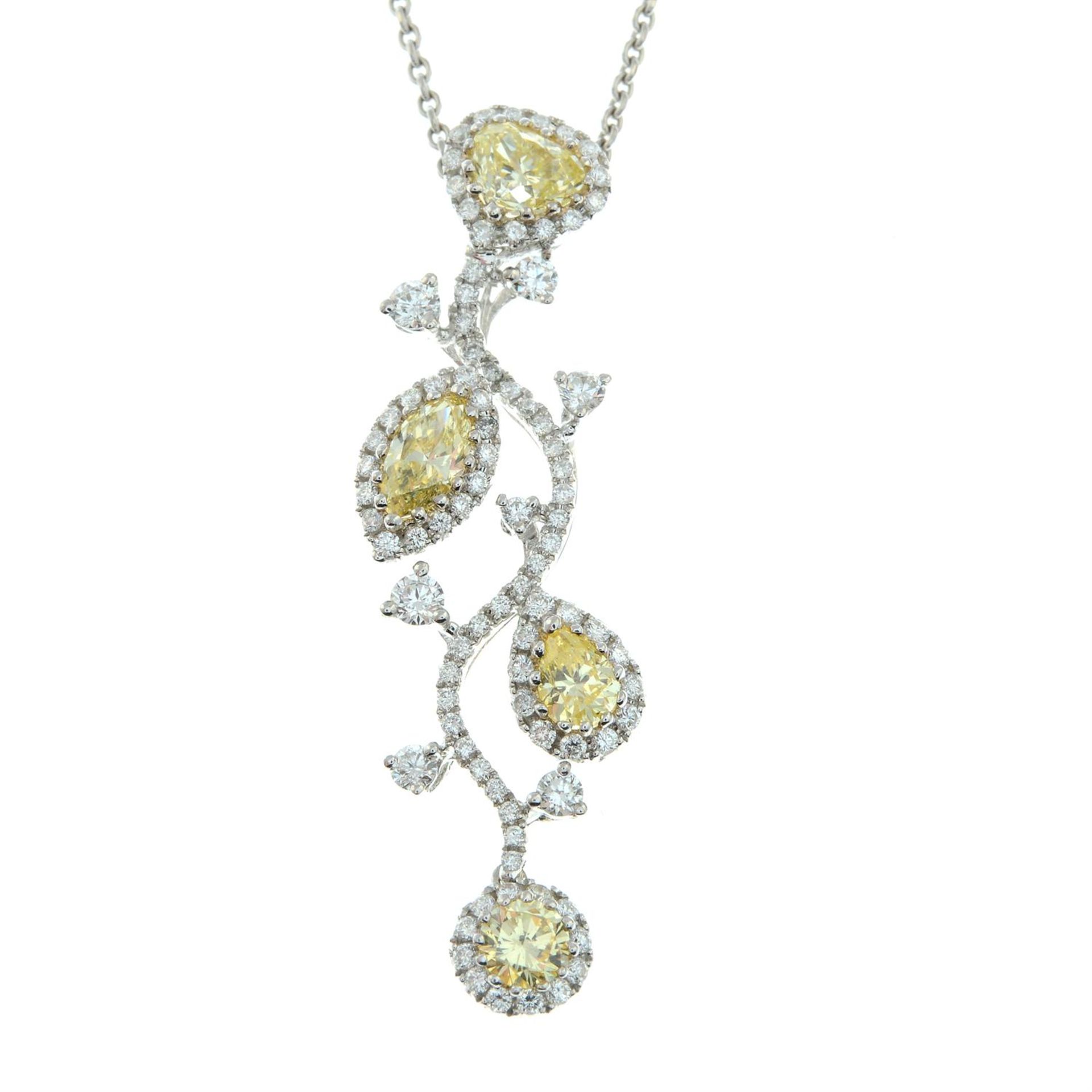An 18ct gold brilliant-cut diamond and vari-shape 'yellow' diamond stylised floral pendant, - Bild 2 aus 5
