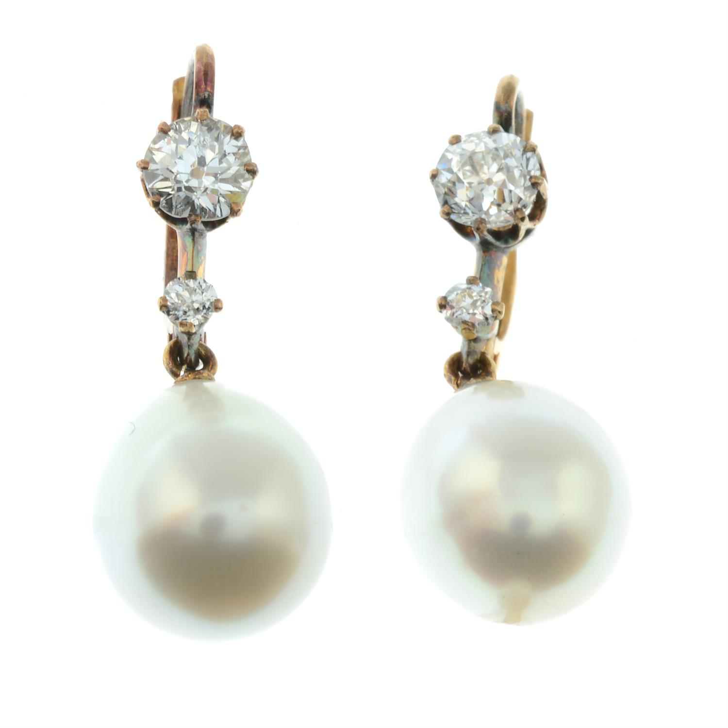 A pair of cultured pearl and old-cut diamond drop earrings. - Image 2 of 3