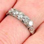 A mid 20th century platinum brilliant-cut diamond five-stone ring.