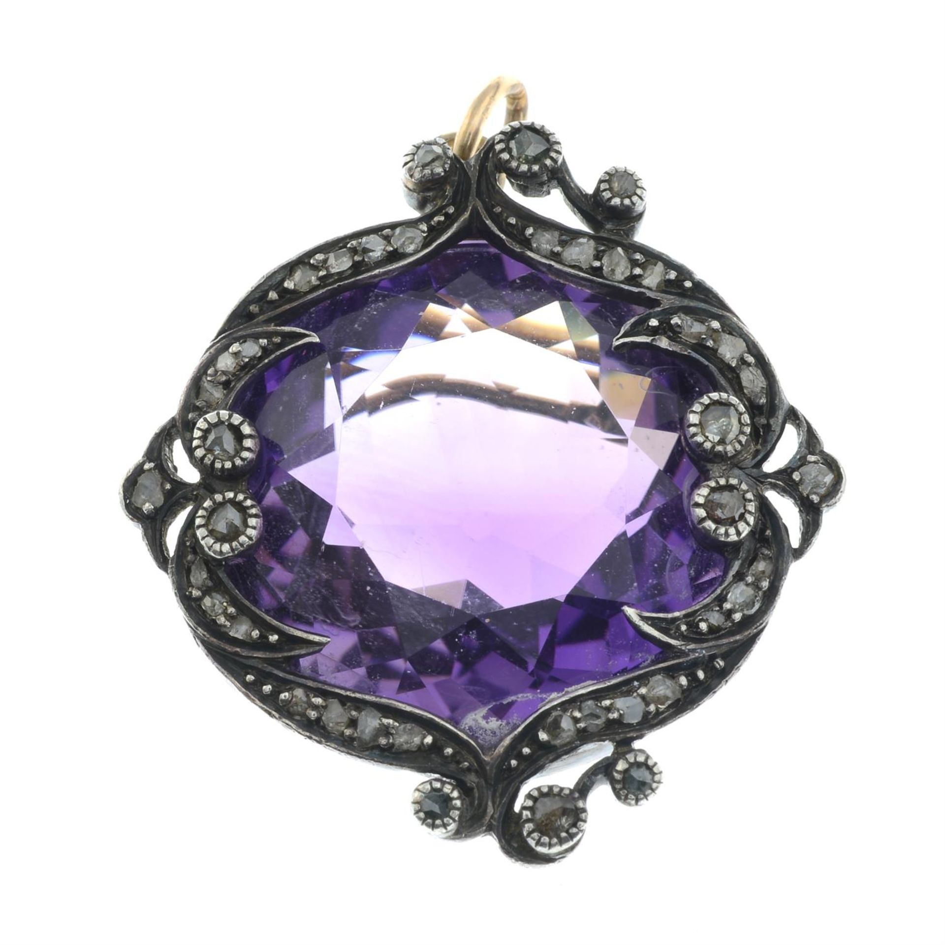 A late 19th century silver and gold amethyst pendant, with rose-cut diamond foliate surround. - Image 2 of 4