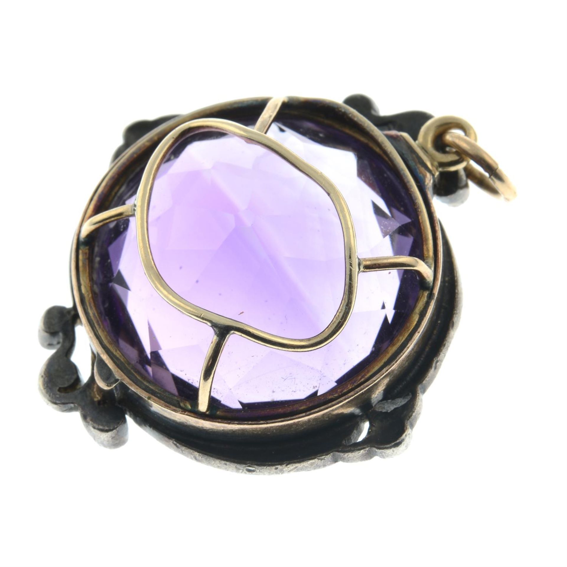 A late 19th century silver and gold amethyst pendant, with rose-cut diamond foliate surround. - Image 3 of 4