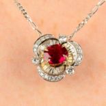 A ruby, brilliant and tapered baguette-cut diamond floral cluster pendant, with chain.