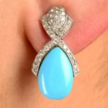 A pair of turquoise and diamond drop earrings.