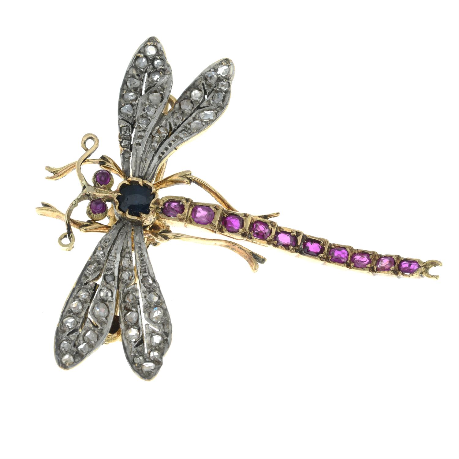 A late 19th century ruby, rose-cut diamond and sapphire dragonfly brooch. - Image 2 of 4