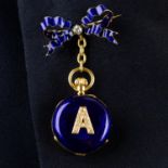 A late Victorian 18ct gold blue enamel and diamond initial fob watch, suspended from a blue enamel